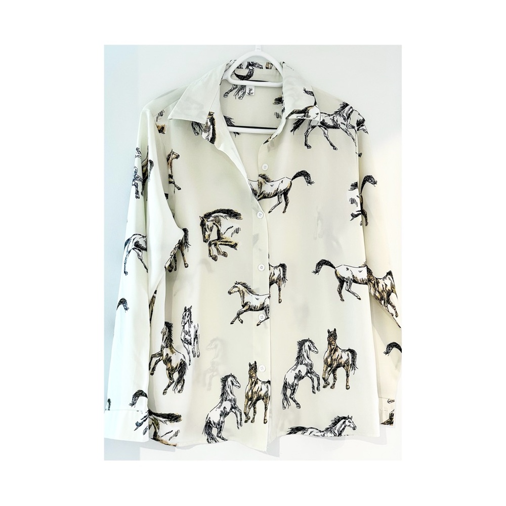Equestrian Print Button-Up Shirt